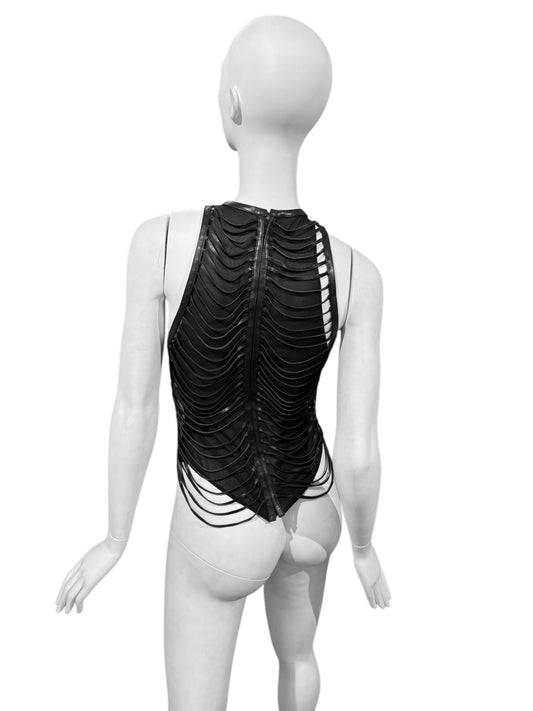 JITROIS 2000s BLACK SILK & LEATHER DRAPED STRAPPY TANK TOP