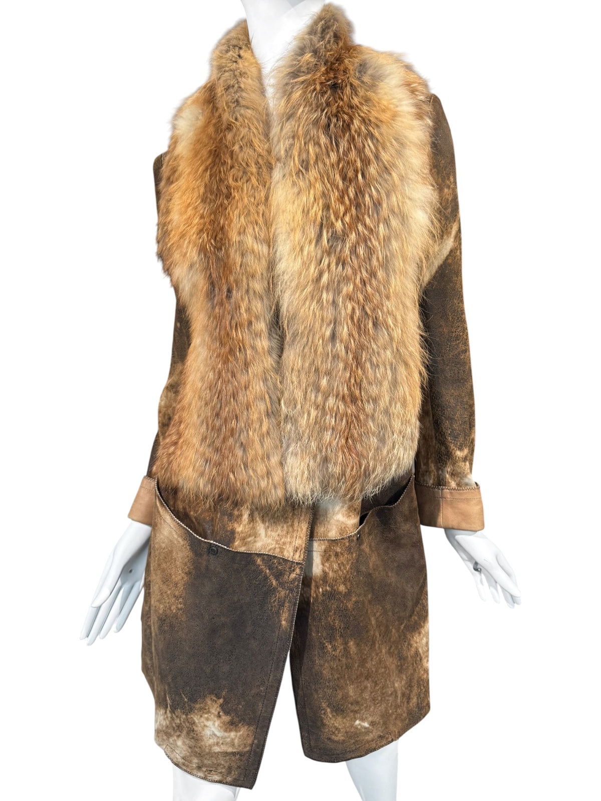 PLEIN SUD JEANIUS FW2011 BROWN LEATHER & FUR 2P. COAT