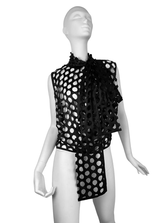 MAISON MARGIELA FW2020 BY GALLIANO BLACK SILK LASER CUT OUT POLKA DOTS ASCOT TIE TOP