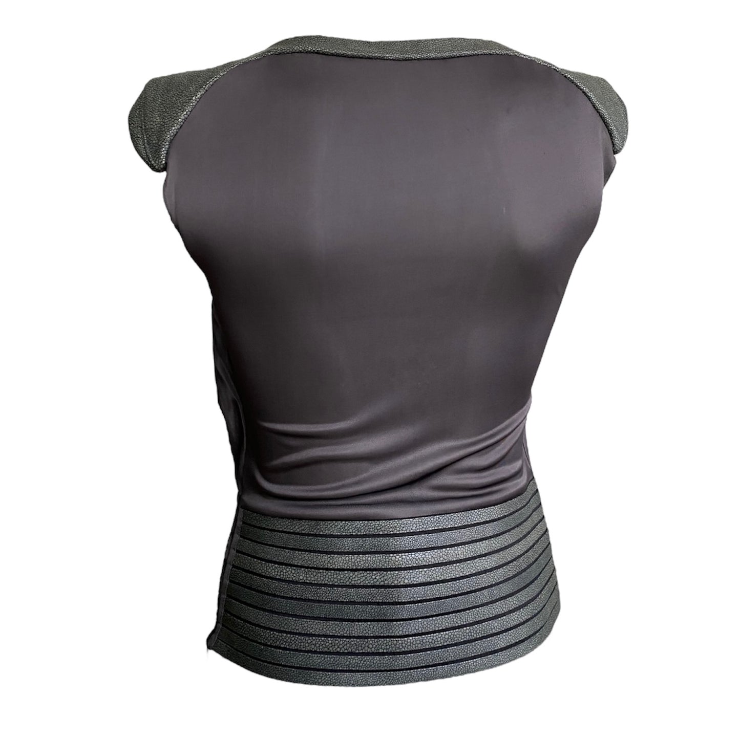 JITROIS 2000s GREY LEATHER HORIZONTAL STRAPS DRAPED TOP