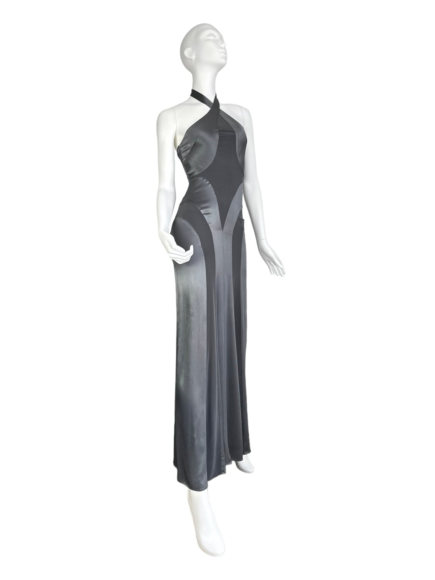 FAYÇAL AMOR SS2003 METALLIC GREY ANATOMICAL HALTERNECK MAXI DRESS