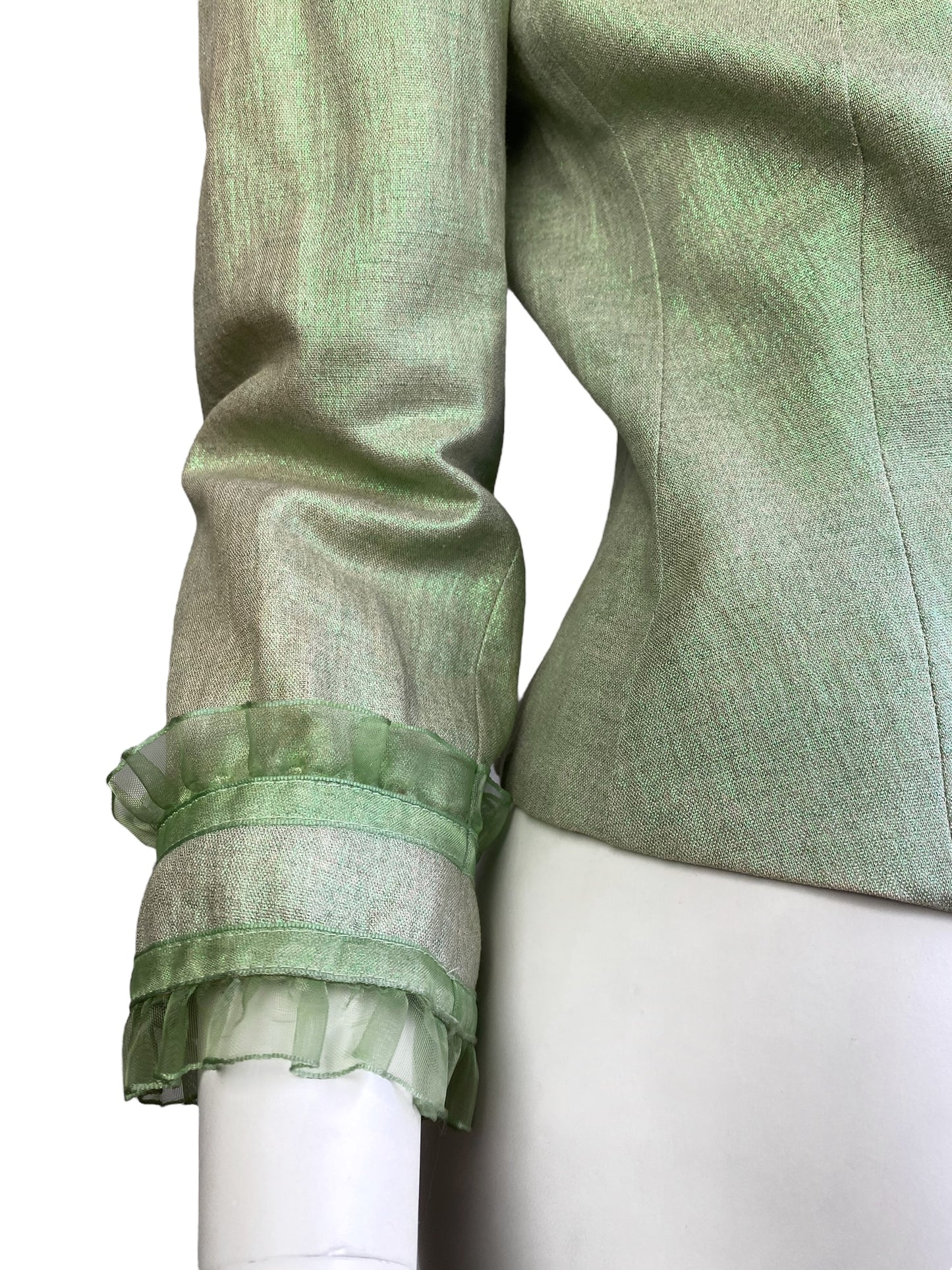 ALEXANDER MCQUEEN C.1995-1996 LIGHT GREEN SHEER RUFFLE TRIM BLAZER