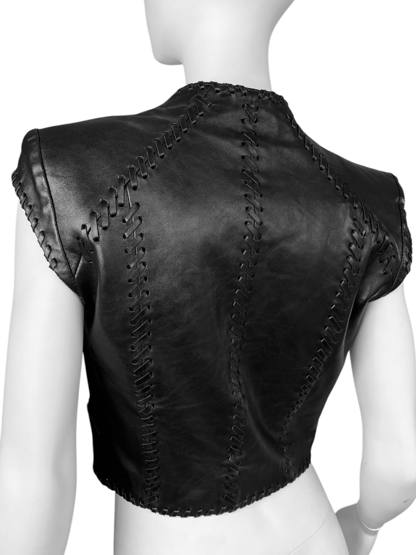 PLEIN SUD 2010s BLACK LEATHER LACED STITCHING & TIE-FRONT CLOSURE VEST