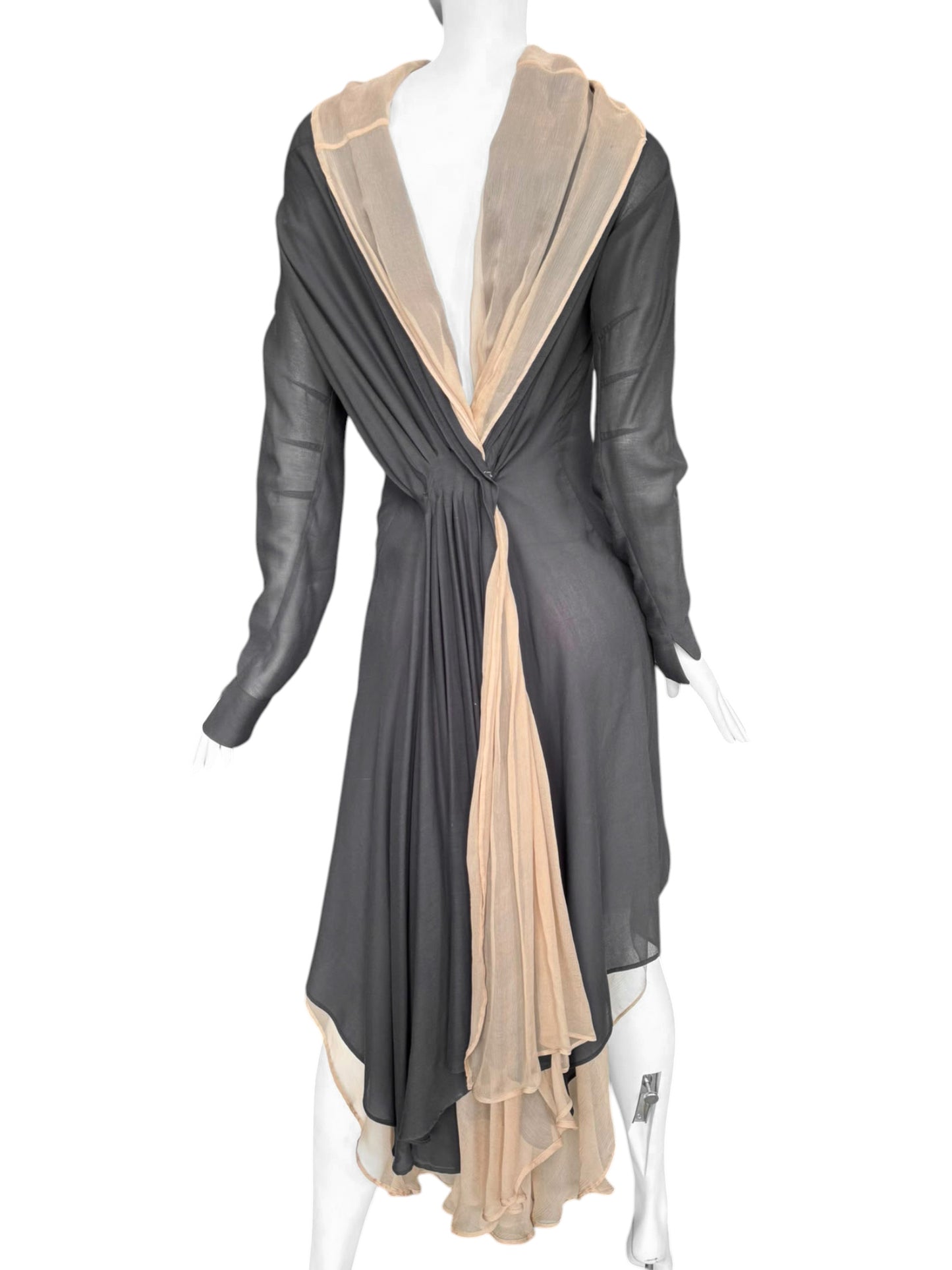 GUSTAVO LINS HAUTE COUTURE SS2009 DARK GREY & BEIGE SILK LAYERED PLEATED MIDI DRESS