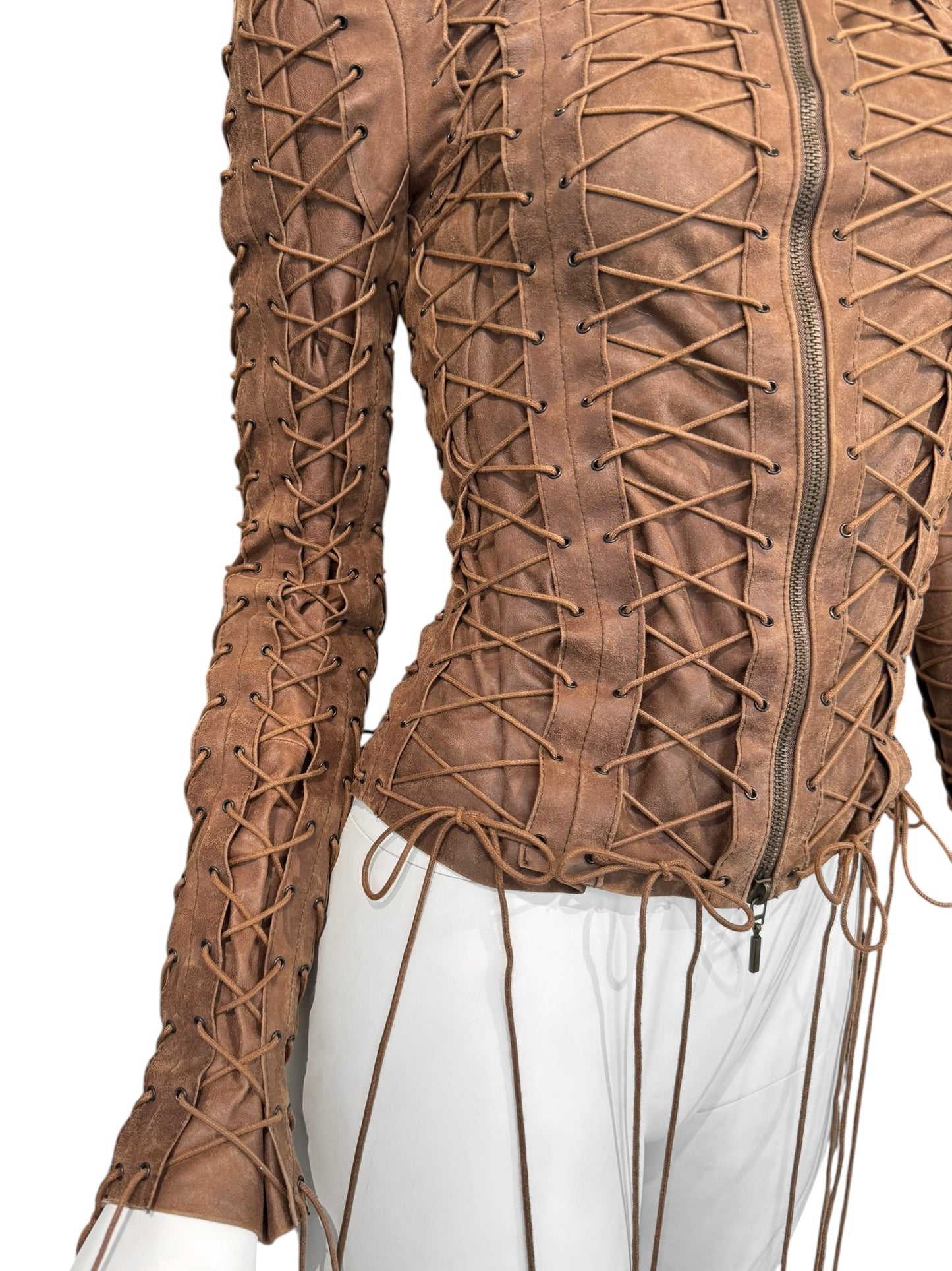 PLEIN SUD FW2002 BROWN LEATHER LACE-UP CAGE JACKET