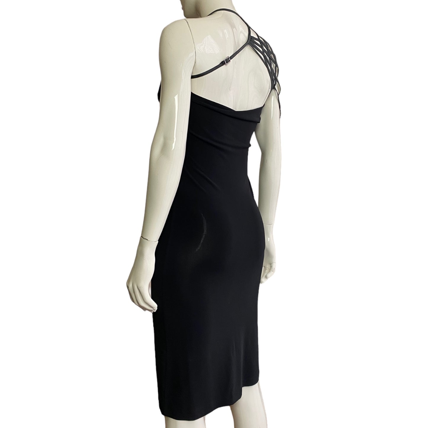 FAYÇAL AMOR 2002 BLACK ASYMMETRICAL LEATHER STRAPS DRESS