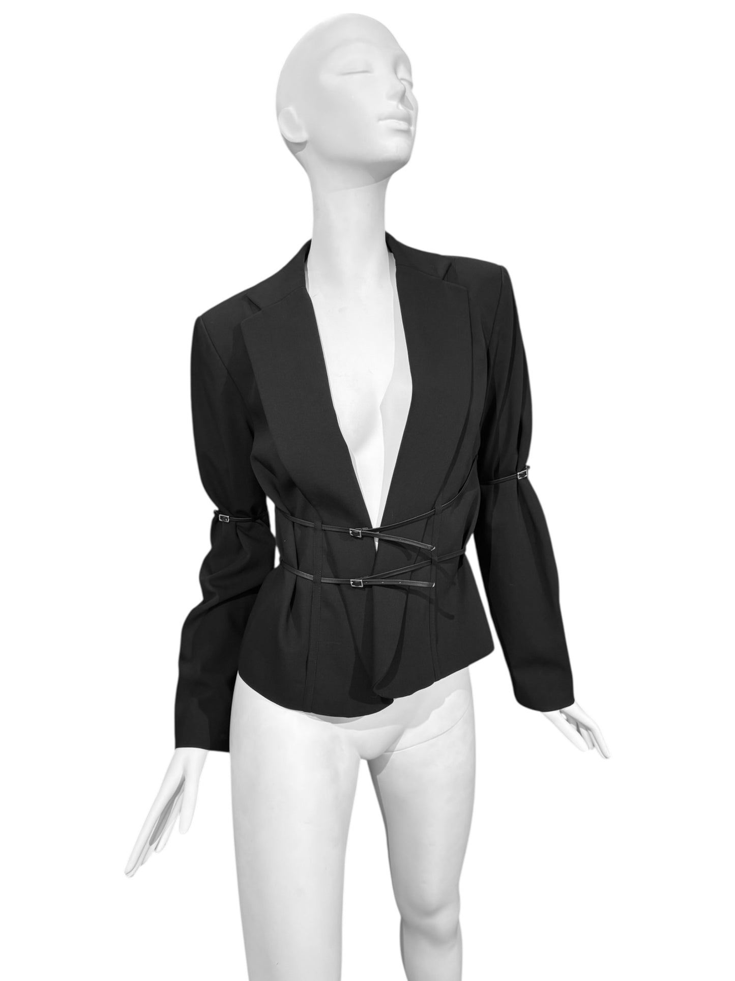 PLEIN SUD 1990s BLACK WOOL LEATHER STRAPS BLAZER