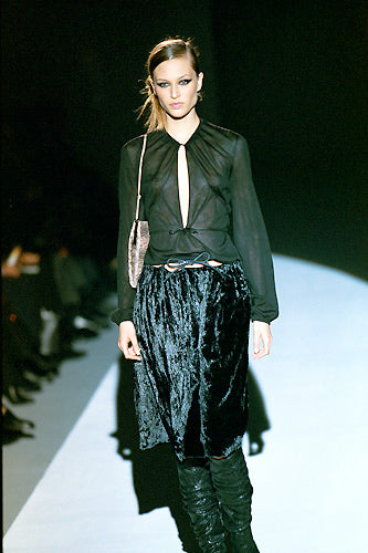 GUCCI FW1999 BY TOM FORD BROWN VELVET & LEATHER CORD WAISTBAND MIDI SKIRT