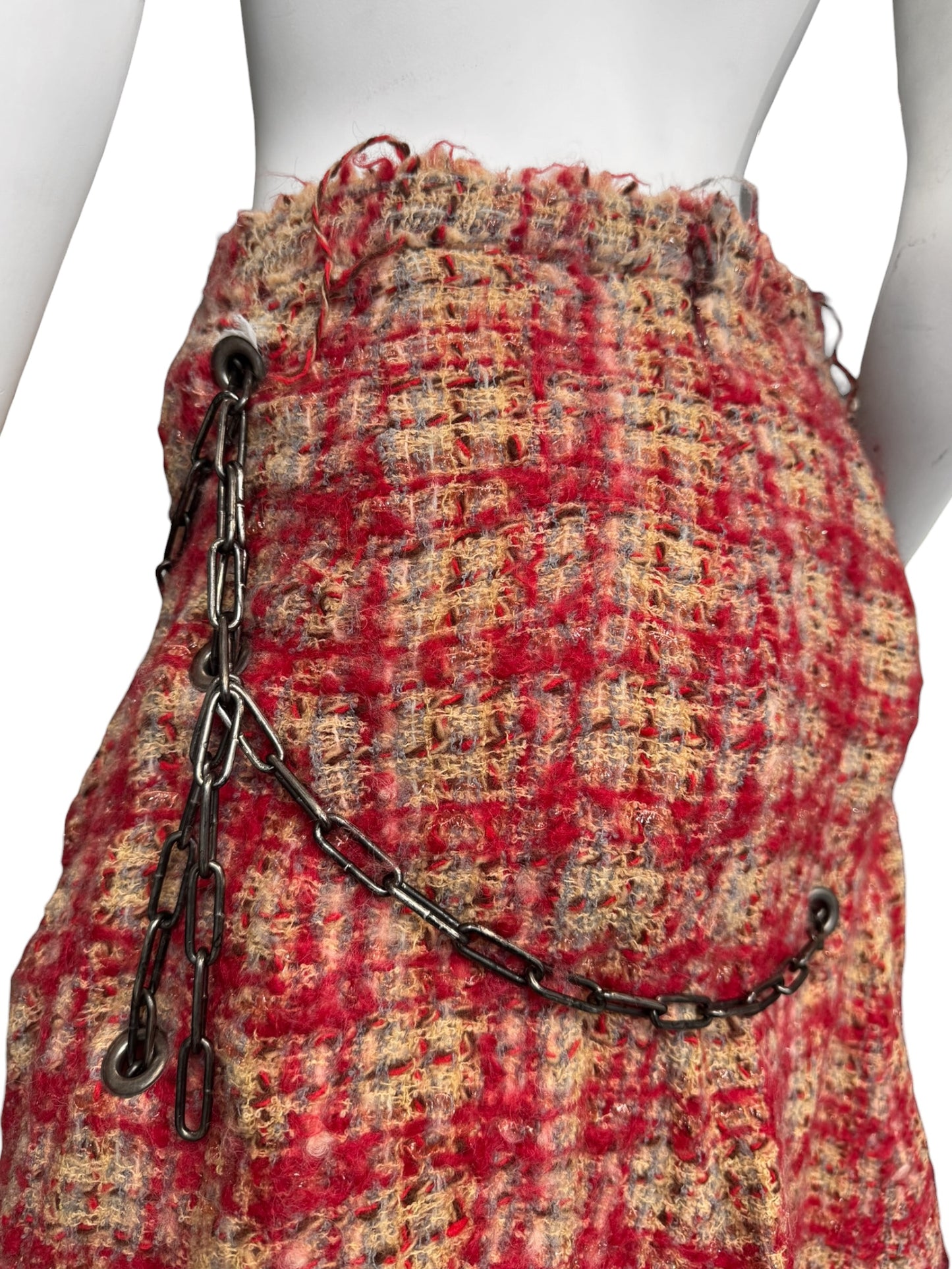 JUNYA WATANABE FW2003 RED WOOL DISTRESS TWEED CHAINS MAXI SKIRT