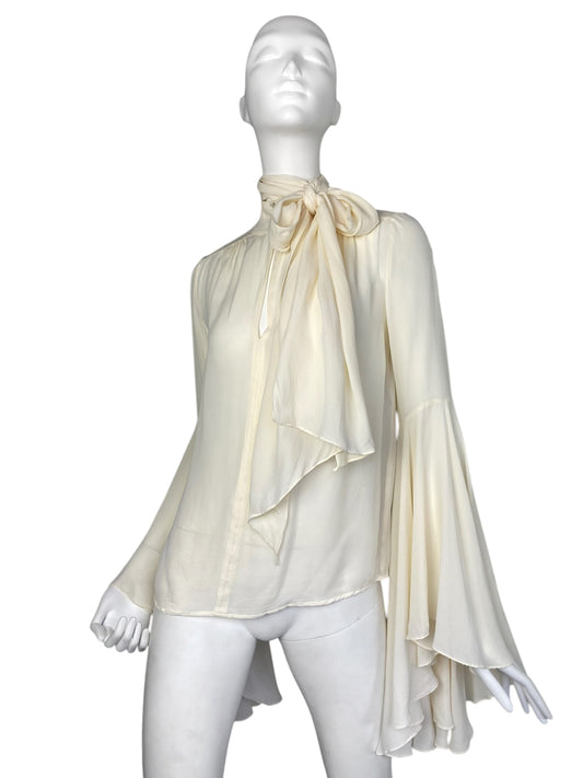 PLEIN SUD 2010s CREAM SILK PUSSY BOW COLLAR & FLARED SLEEVES BLOUSE