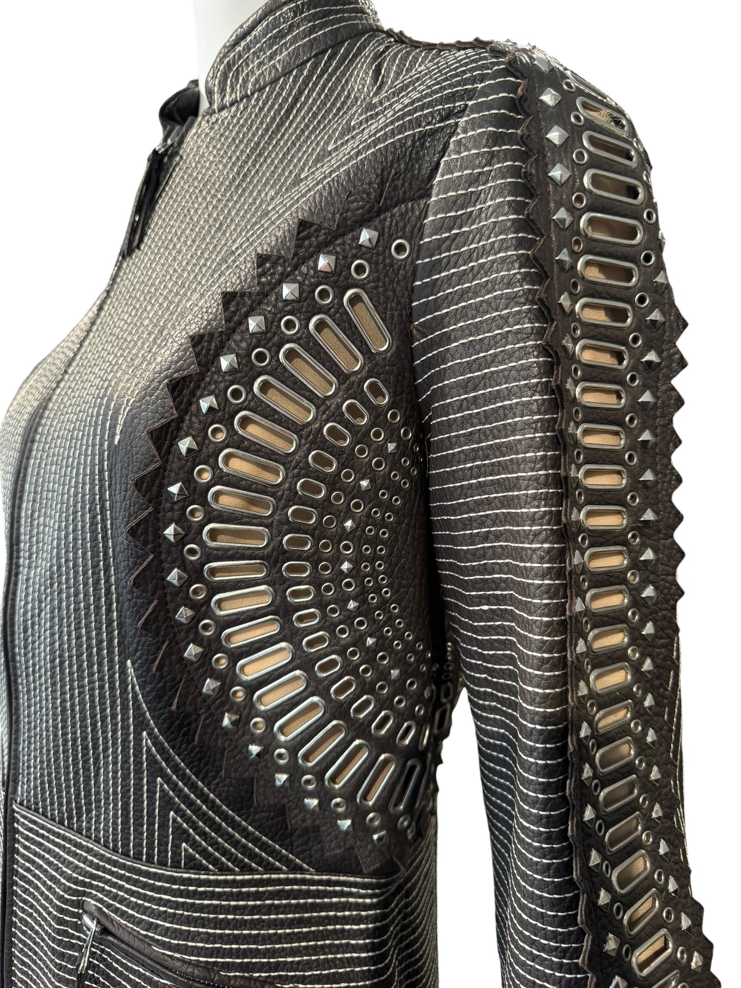 GIANFRANCO FERRE SS2004 DARK BROWN LEATHER GROMMET & STUD EMBELLISHED JACKET