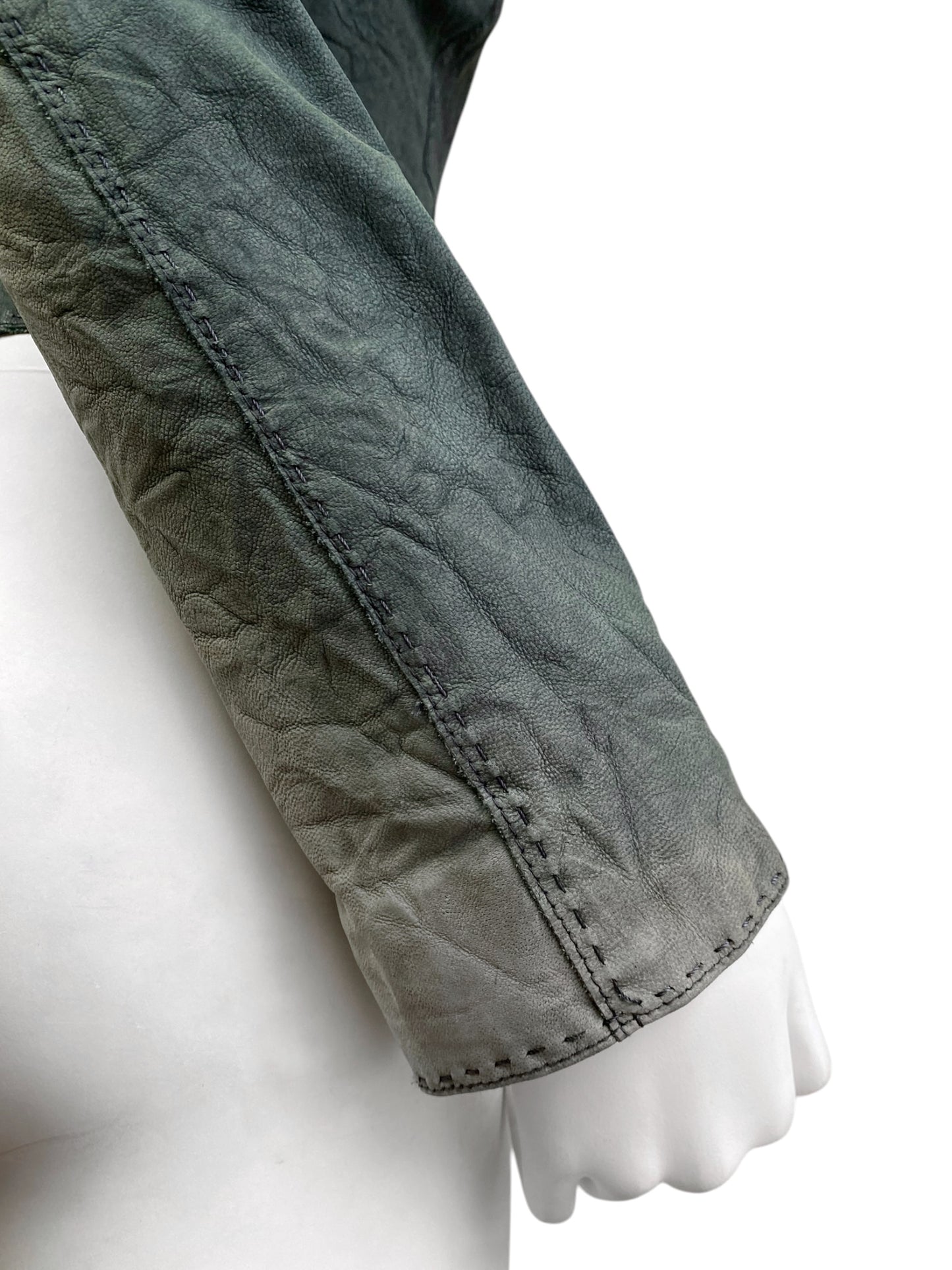 2000s GREYISH GREEN DISTRESS LEATHER CREASED ASYMMETRICAL JACKET