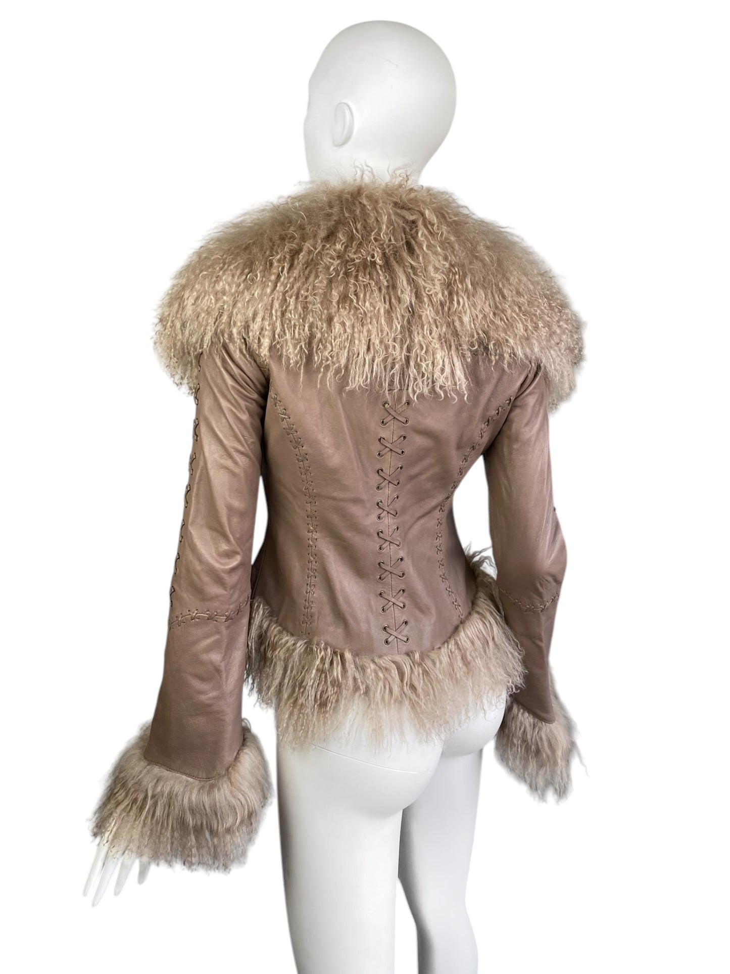 JUST CAVALLI 2000s BEIGE LEATHER LACED MONGOLIAN LAMB FUR TRIM JACKET