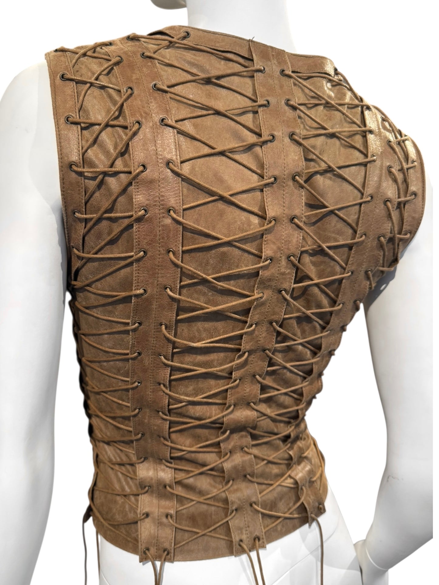 PLEIN SUD FW2002 BROWN LEATHER LACE-UP CAGE VEST