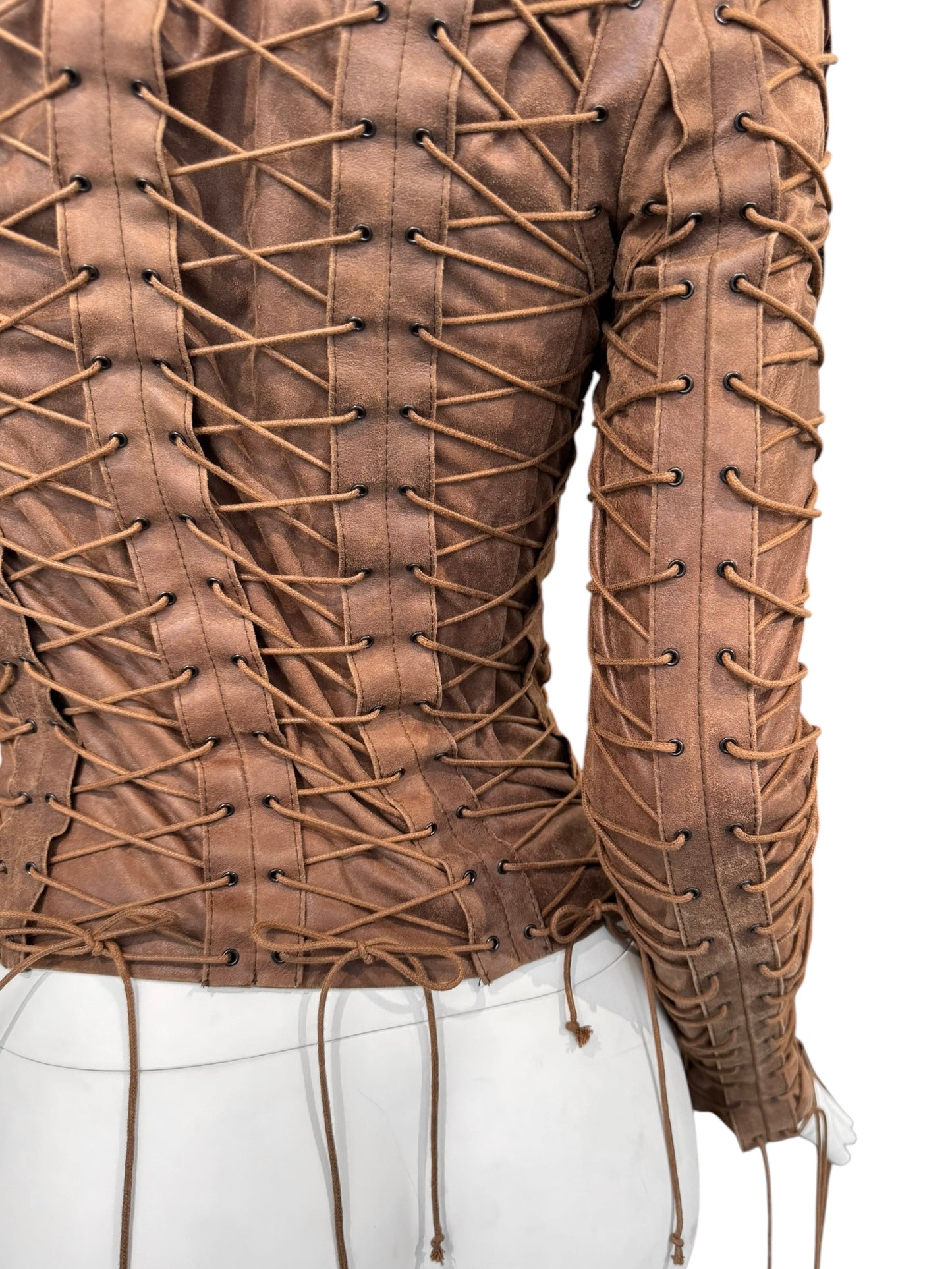 PLEIN SUD FW2002 BROWN LEATHER LACE-UP CAGE JACKET