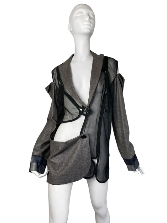 2020s GREY SHEER DECONSTRUCTED AVANT GARDE BLAZER