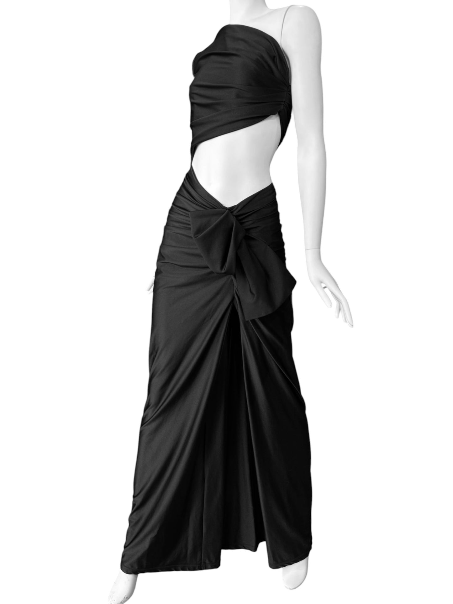 SAINT LAURENT SS2022 BY ANTHONY VACCARELLO BLACK ASYMMETRICAL CUT OUT MAXI DRESS
