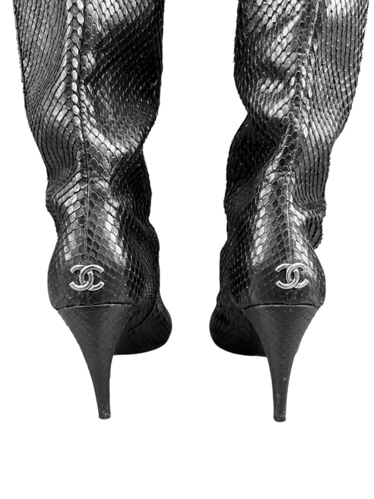 CHANEL 2000s BY KARL LAGERFELD BLACK PYTHON LEATHER BOOTS