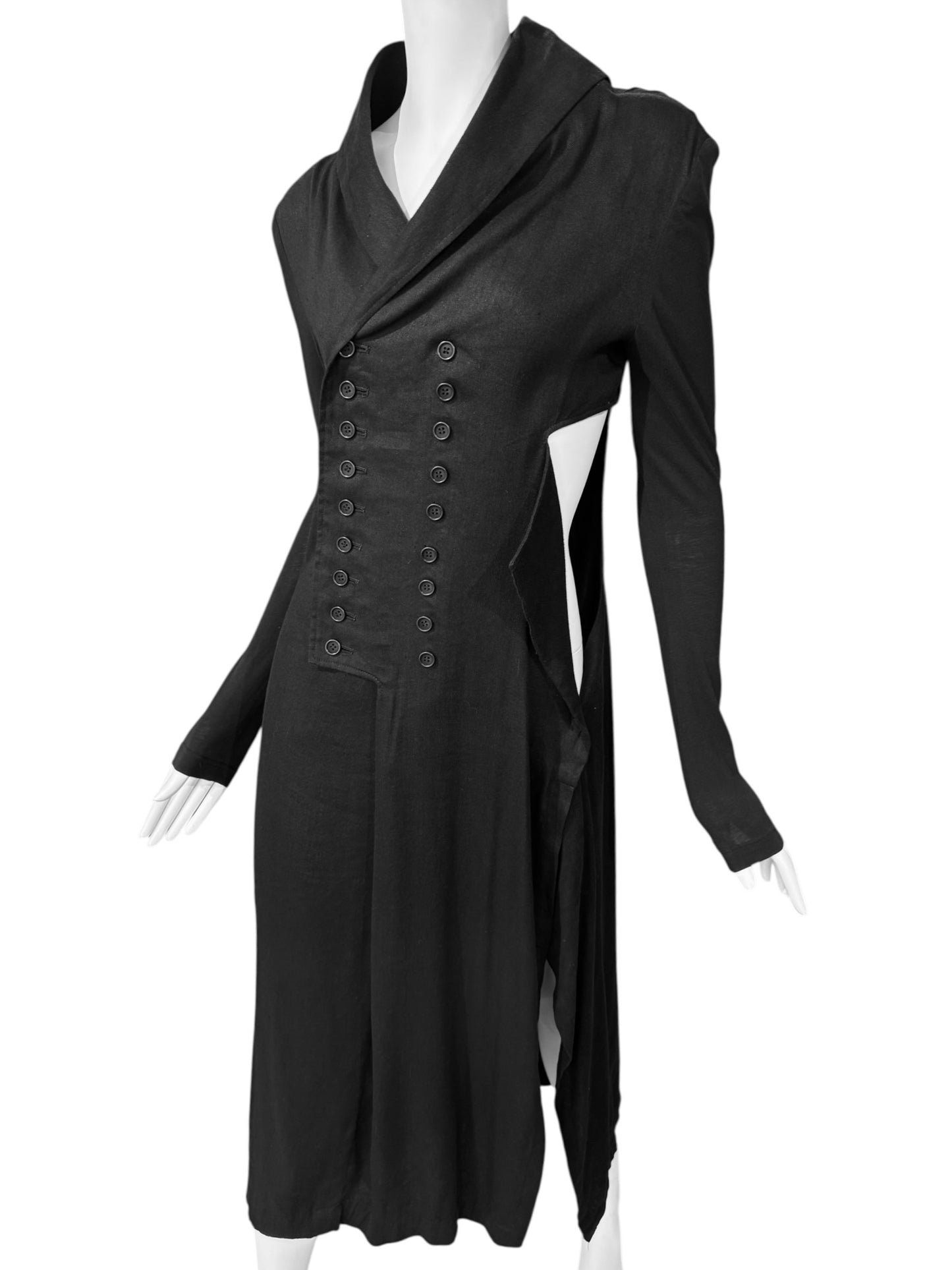 YOHJI YAMAMOTO SS2019 BLACK LINEN DOUBLE BREASTED CUT OUT MAXI DRESS