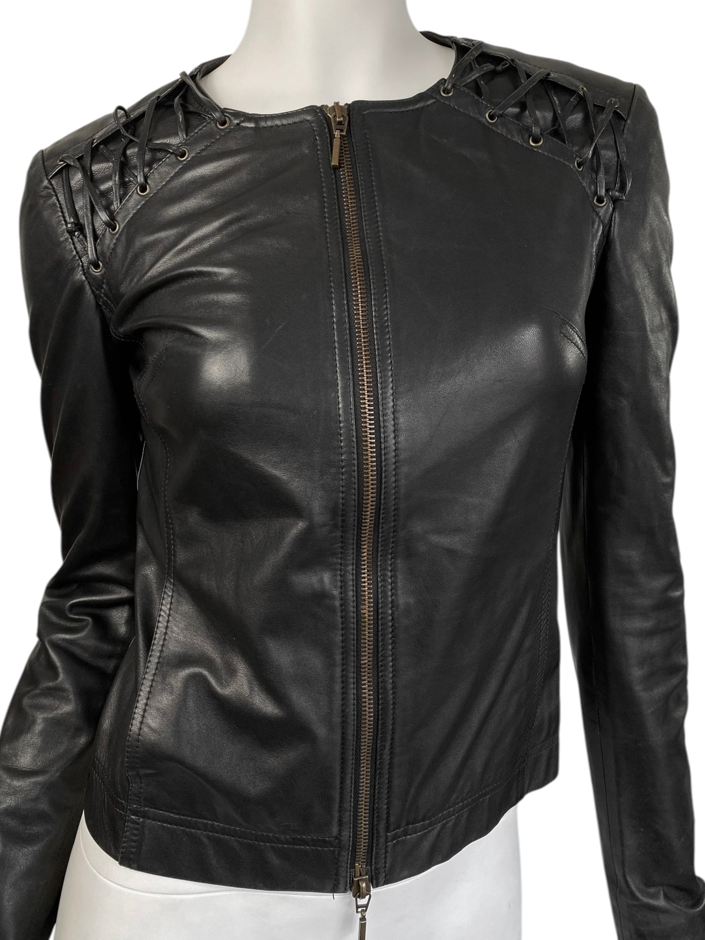 PLEIN SUD 2000s BLACK LEATHER LACED SHOULDERS JACKET