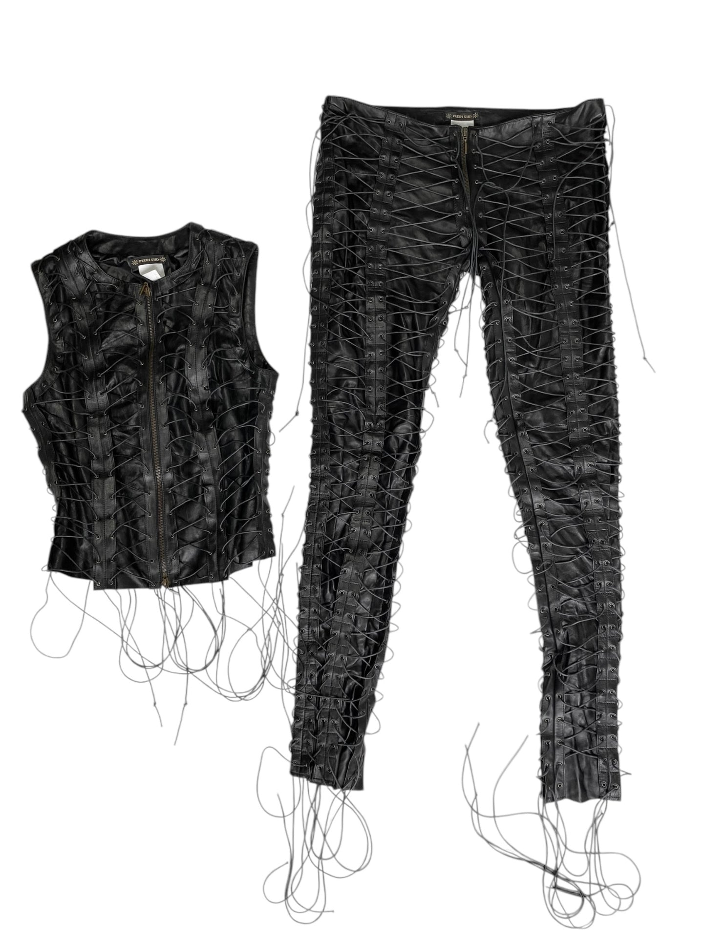 PLEIN SUD FW2002 BLACK LEATHER LACED-UP CAGE 2P. SET (JACKET + PANTS)