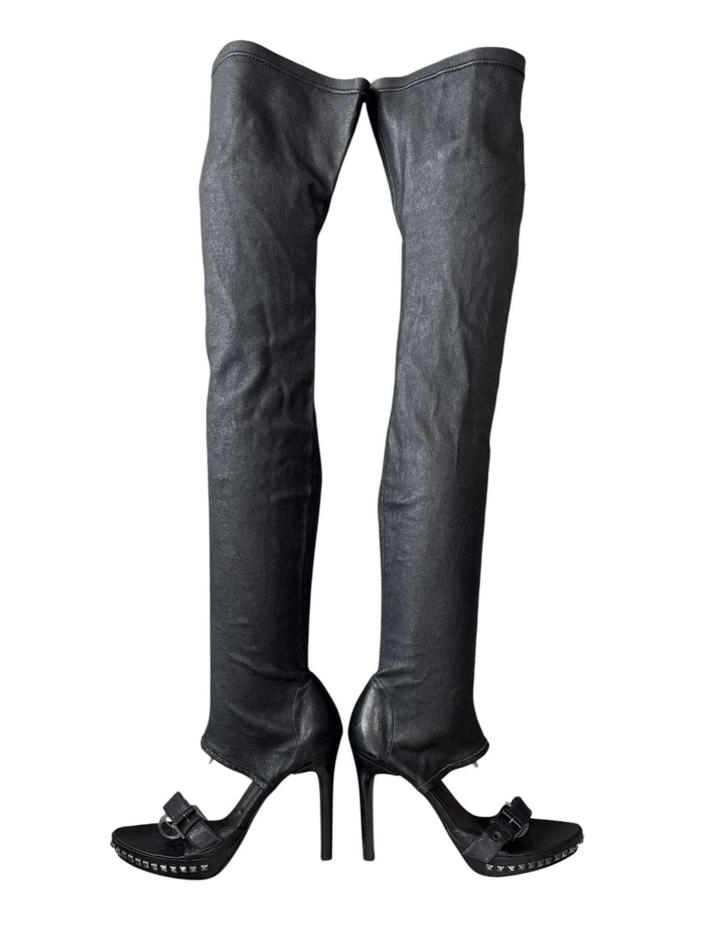 PLEIN SUD 2000s BLACK LEATHER STUDDED OPEN TOE THIGHBOOTS