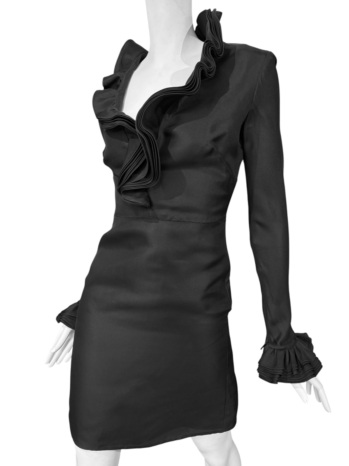 GUCCI FW2000 BY TOM FORD BLACK SILK RUFFLED NECKLINE MINI DRESS