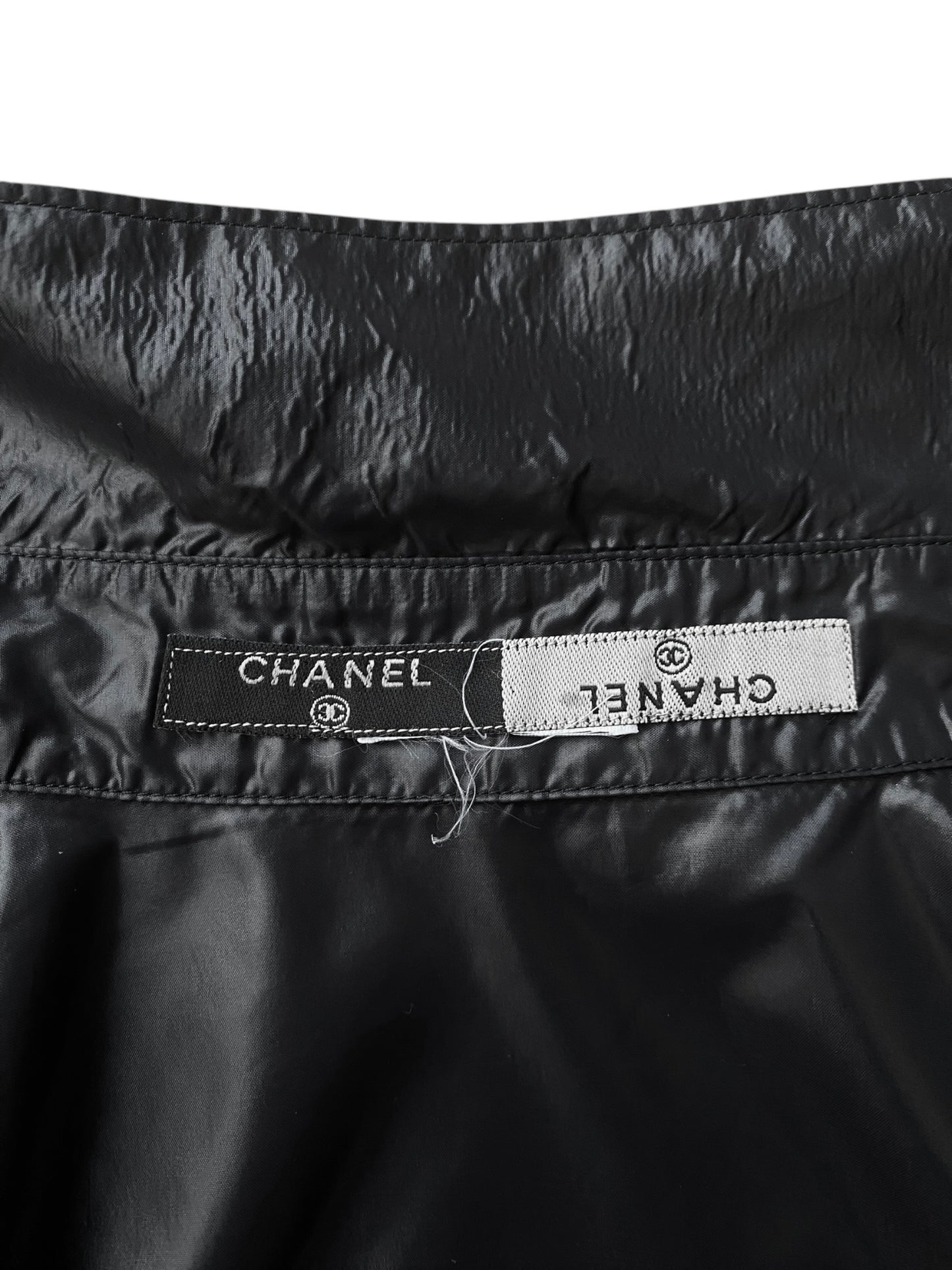 CHANEL SS1999 BY KARL LAGERFELD BLACK NYLON REFLECTIVE HEM 3P. SET (TOP + PANTS + SKIRT)