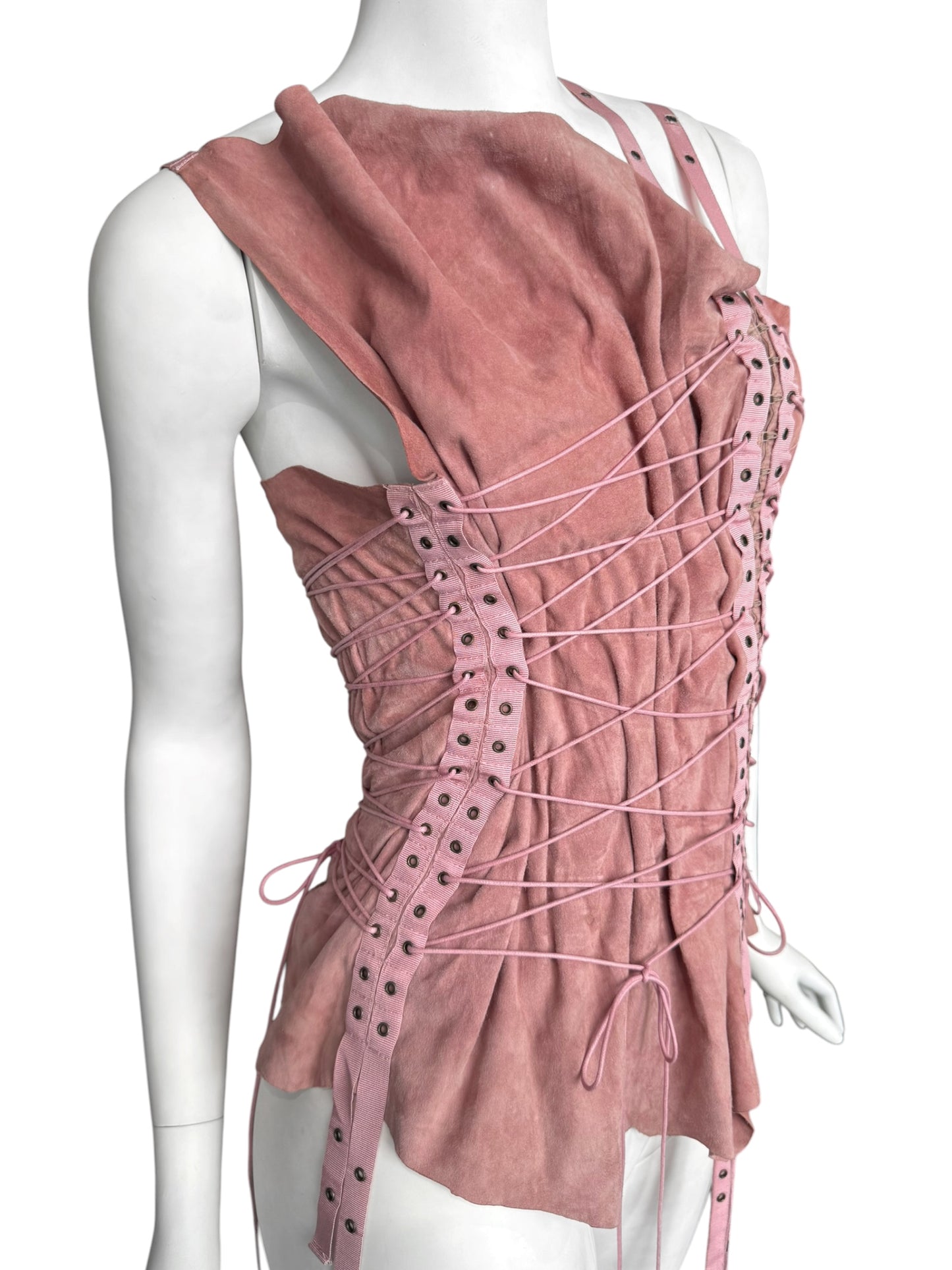 PLEIN SUD SS2003 PINK LEATHER LACE-UP BONDAGE TANK TOP