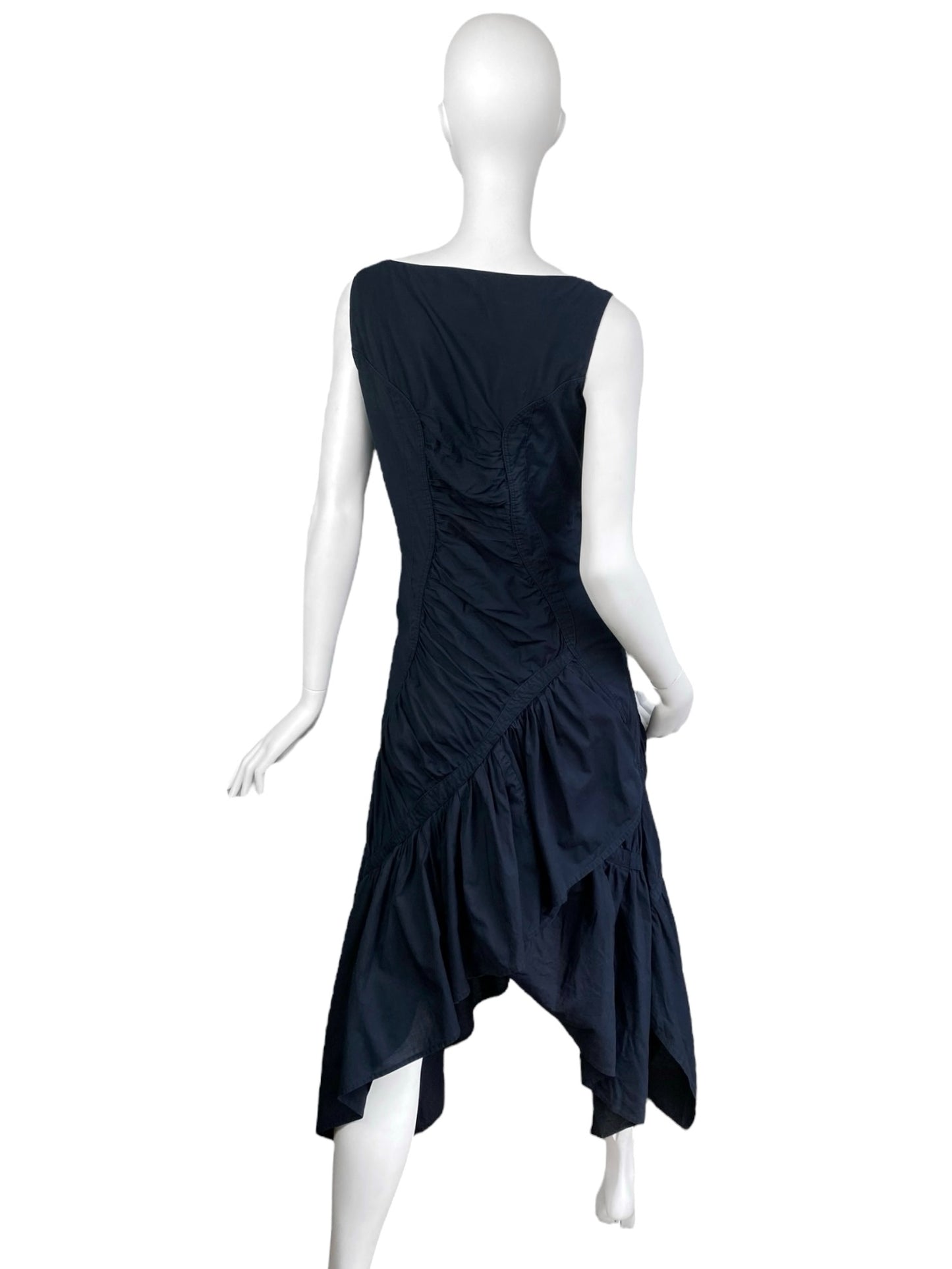 ISSEY MIYAKE FW2005 BY NAOKI TAKIZAWA NAVY BLUE ASYMMETRICAL GATHERED MIDI DRESS