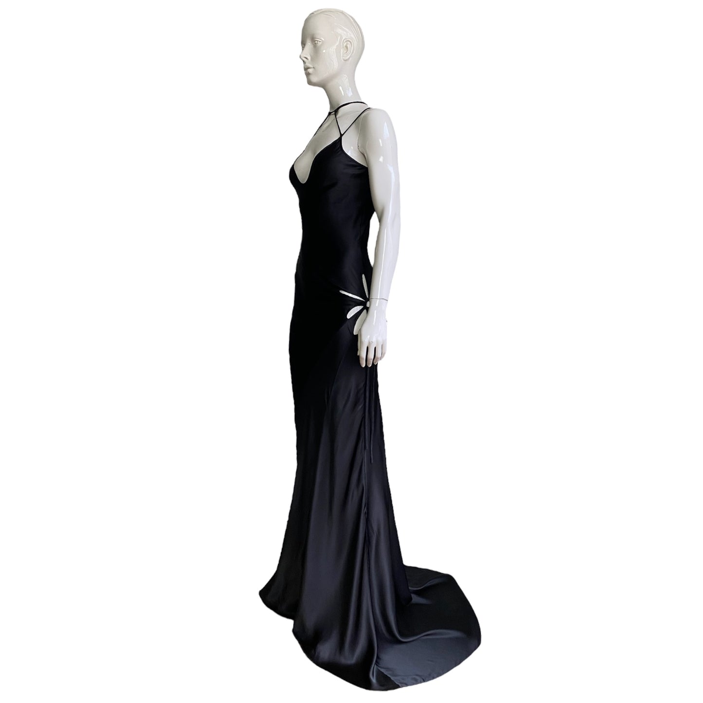 FAYÇAL AMOR SS2003 BLACK SATIN CUT OUT DOUBLE STRAPS MAXI DRESS