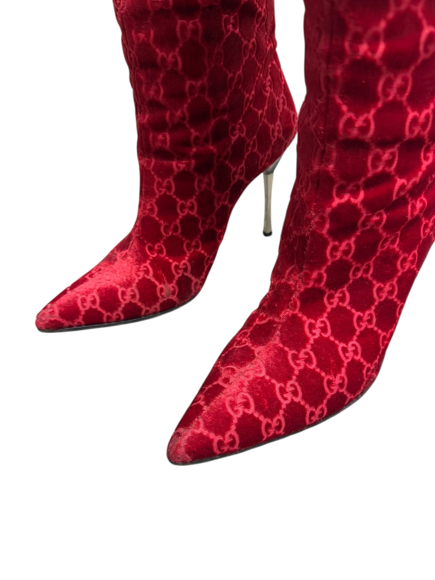 GUCCI FW1997 BY TOM FORD RED VELVET ‘GG’ MONOGRAM BOOTS