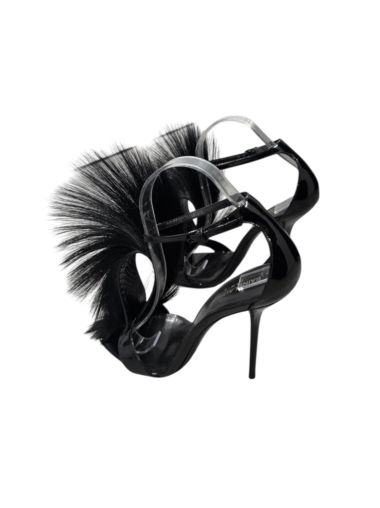 SAINT LAURENT FW2018 BY ANTHONY VACCARELLO BLACK LEATHER & ANTILOPE FUR STRAPPY HEELED SANDALS