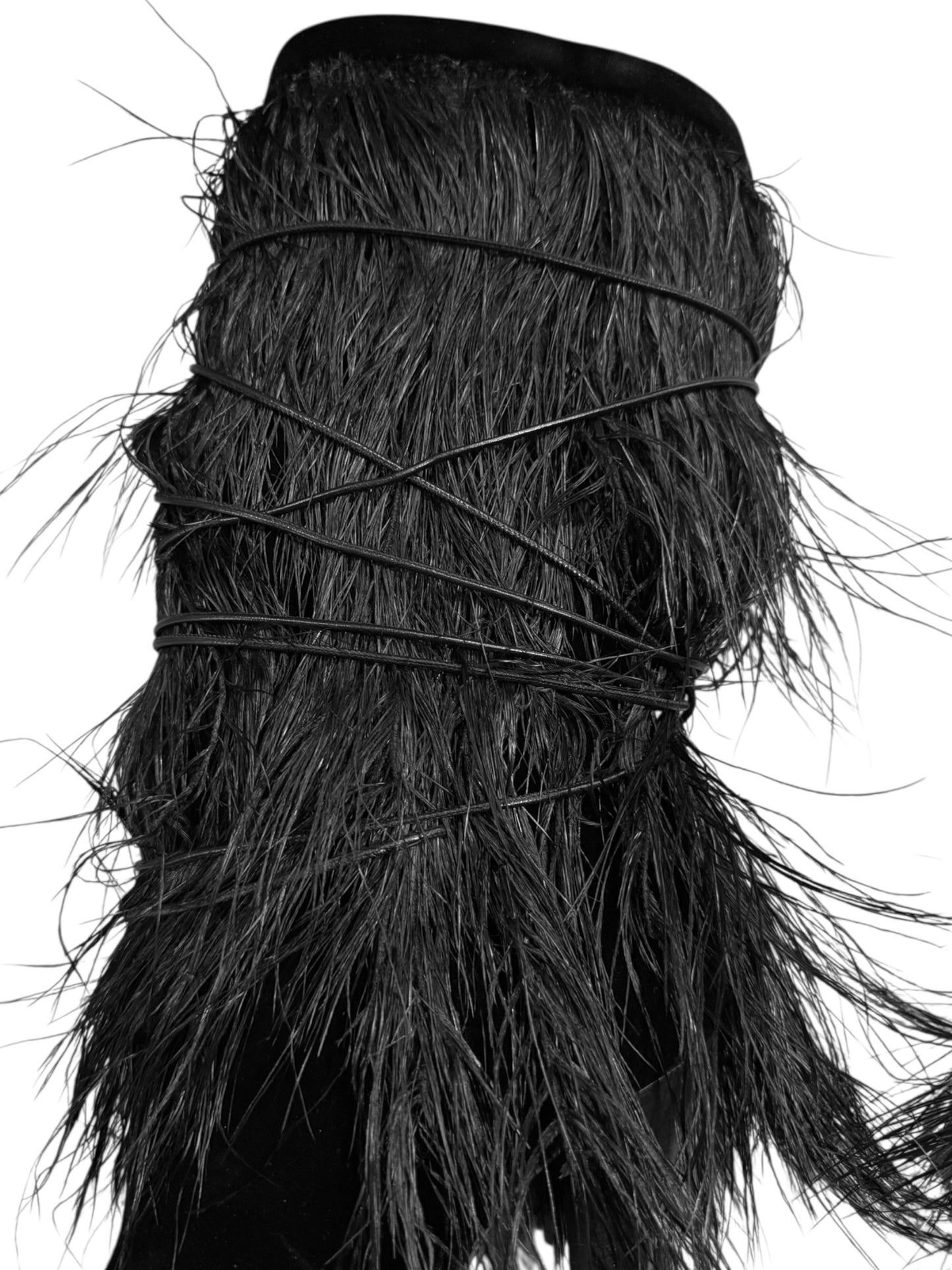 SAINT LAURENT SS2018 BY ANTHONY VACCARELLO BLACK VELVET & OSTRICH FEATHERS BOOTS