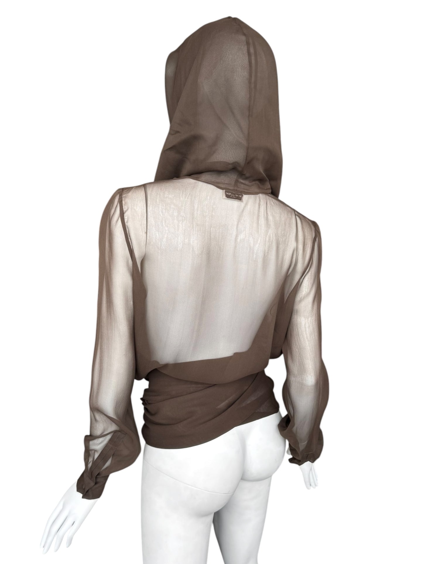 SAINT LAURENT PRE-FALL 2023 BY ANTHONY VACCARELLO BROWN SILK HOODED WRAP BLOUSE