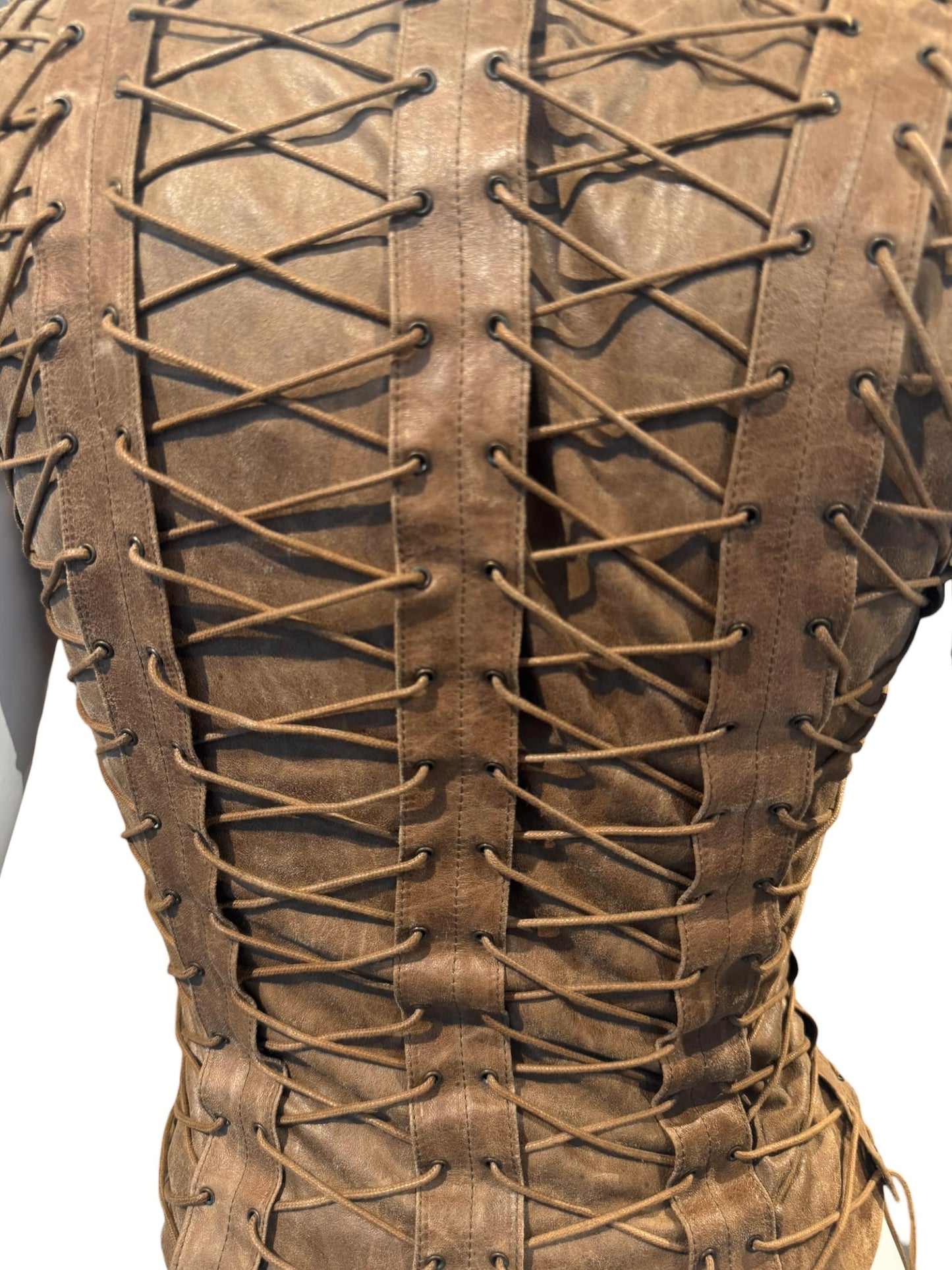 PLEIN SUD FW2002 BROWN LEATHER LACE-UP CAGE VEST