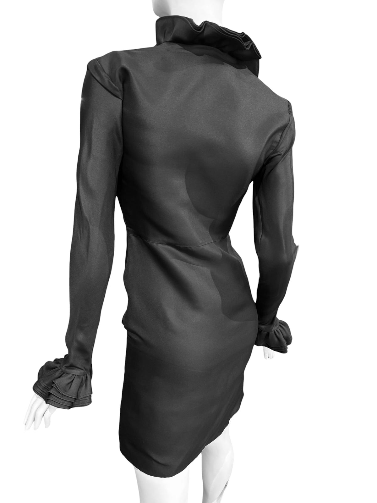 GUCCI FW2000 BY TOM FORD BLACK SILK RUFFLED NECKLINE MINI DRESS