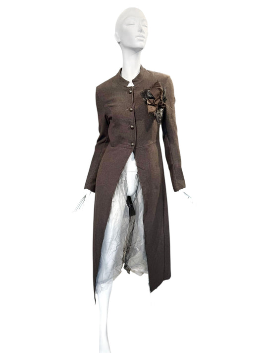 SANCTAMUERTE 2020s BROWN LINEN & TULLE MAXI COAT