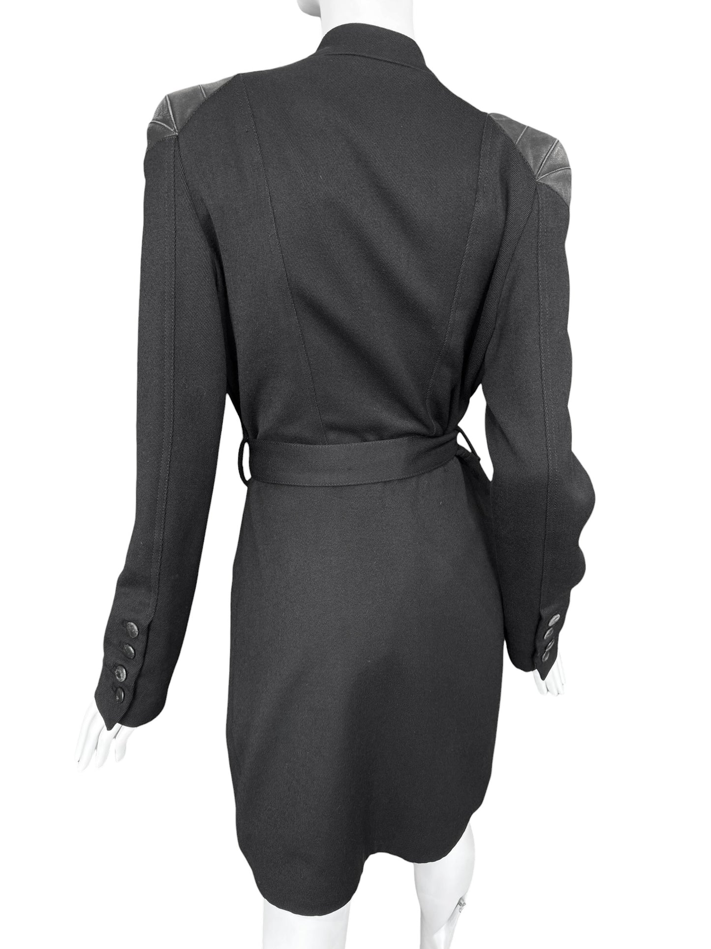 KAVIAR GAUCHE 2010s BLACK WOOK & LEATHER DOUBLE BREASTED COAT