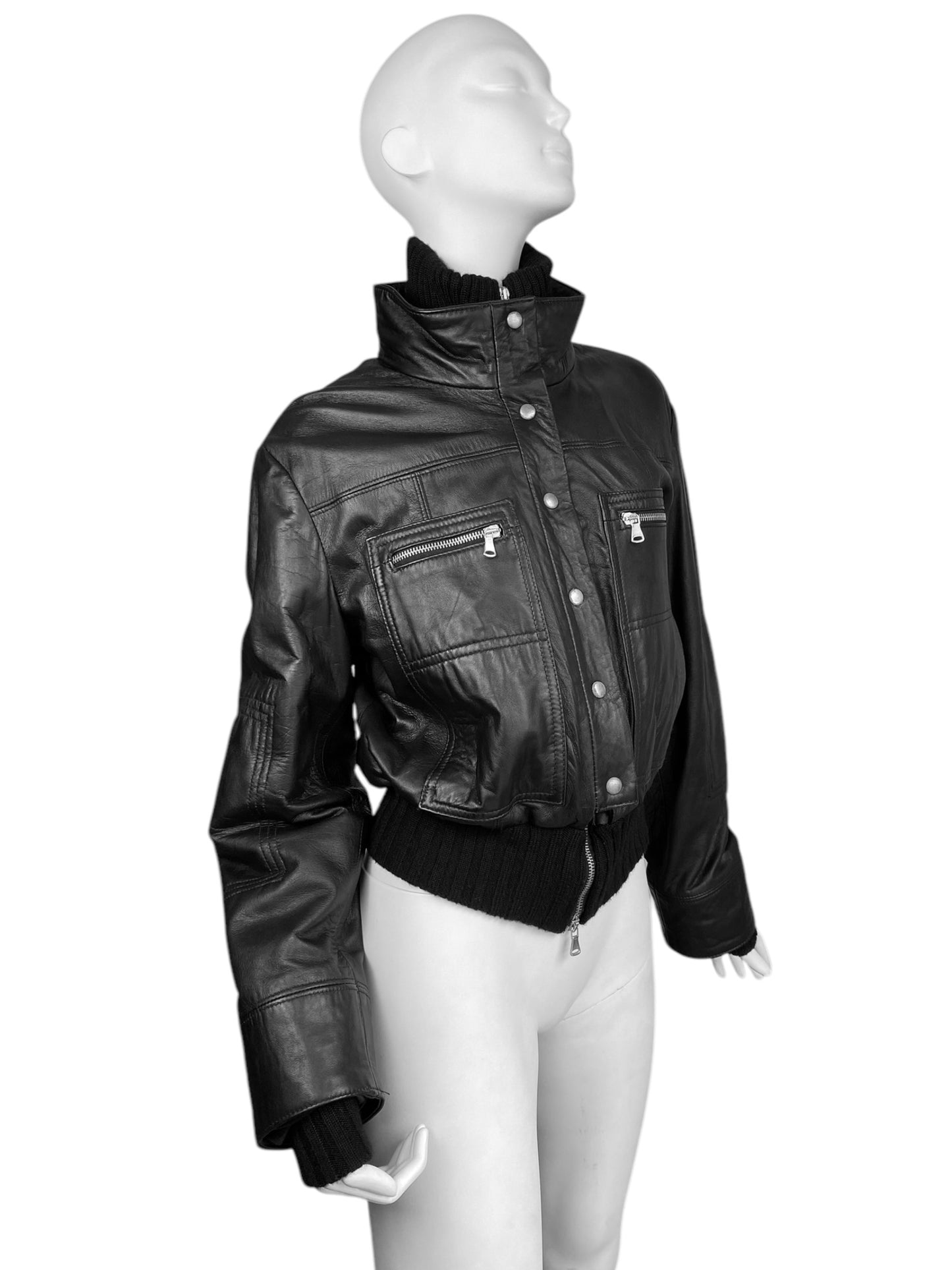 DIVA 2000s BLACK LEATHER RIBBED KNIT DETAILS CROPPED JACKET