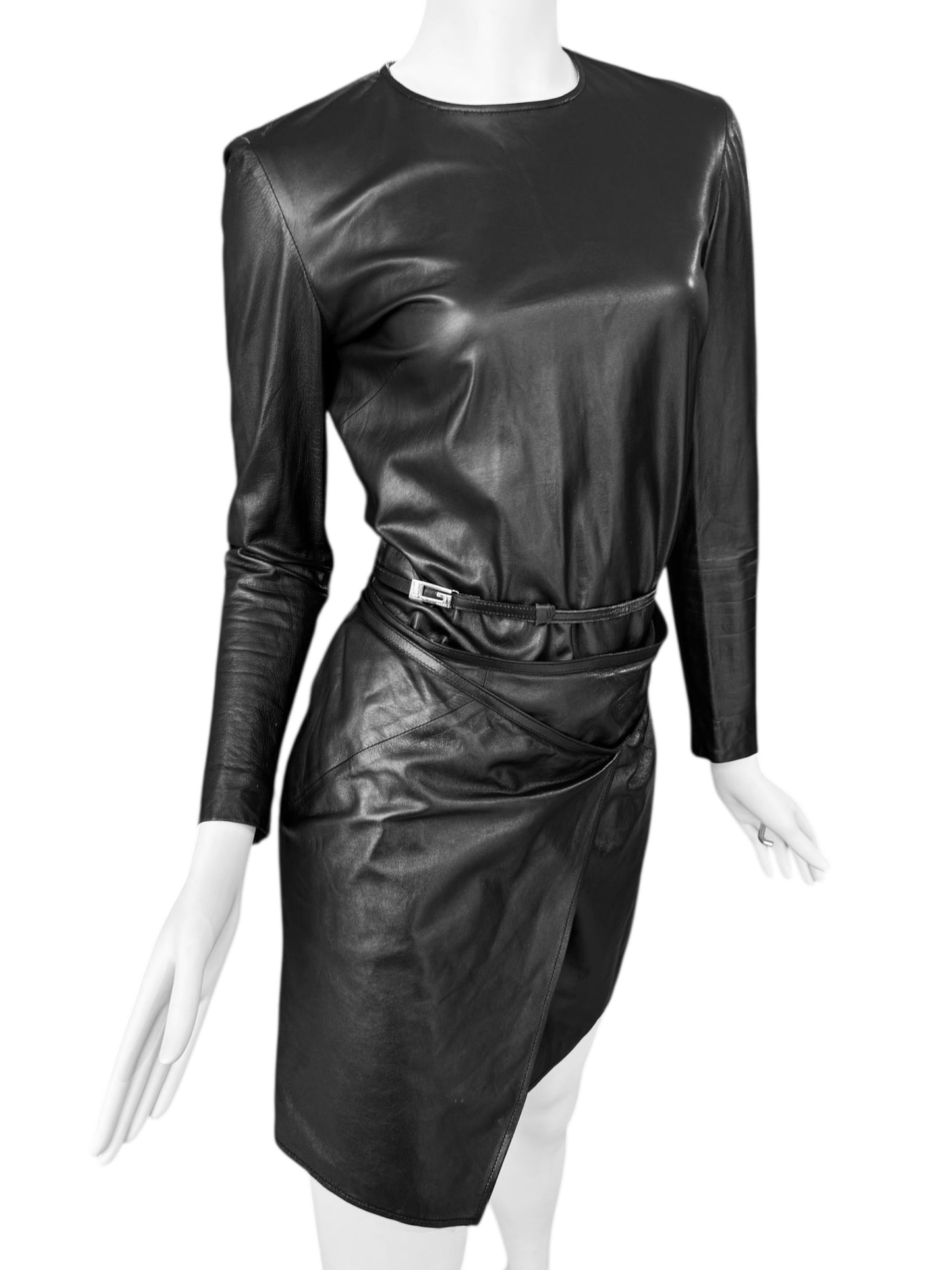 GUCCI FW1997 BY TOM FORD BLACK LEATHER WRAPPABLE MIDI DRESS