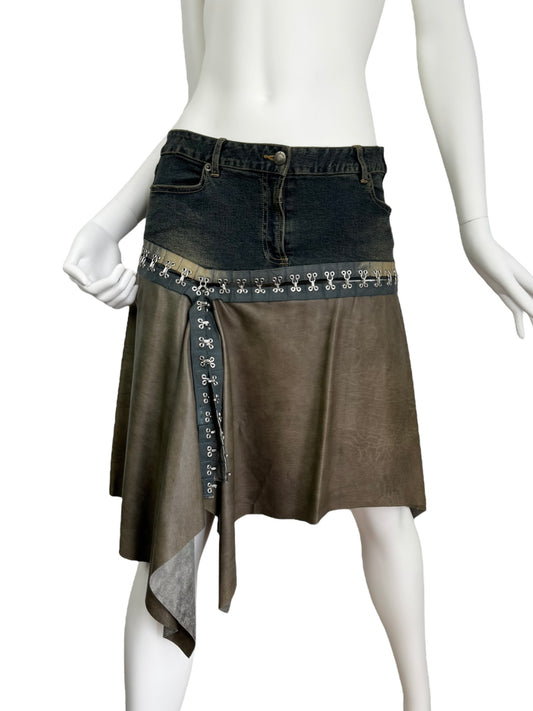 PLEIN SUD JEANS FW2003 DENIM & LEATHER HOOKED SKIRT