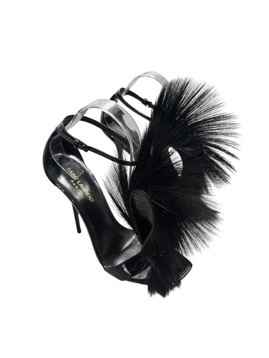 SAINT LAURENT FW2018 BY ANTHONY VACCARELLO BLACK LEATHER & ANTILOPE FUR STRAPPY HEELED SANDALS