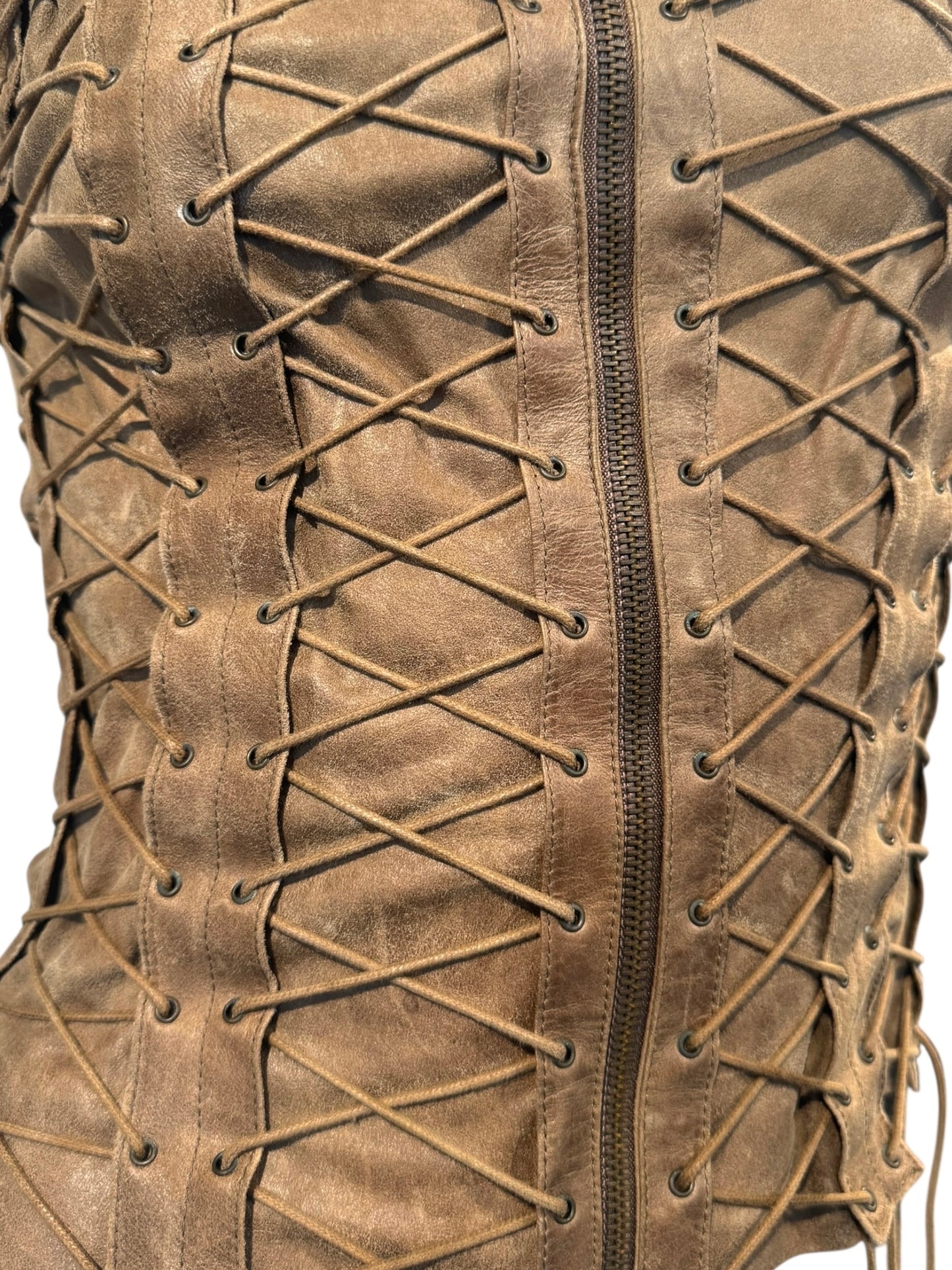 PLEIN SUD FW2002 BROWN LEATHER LACE-UP CAGE VEST