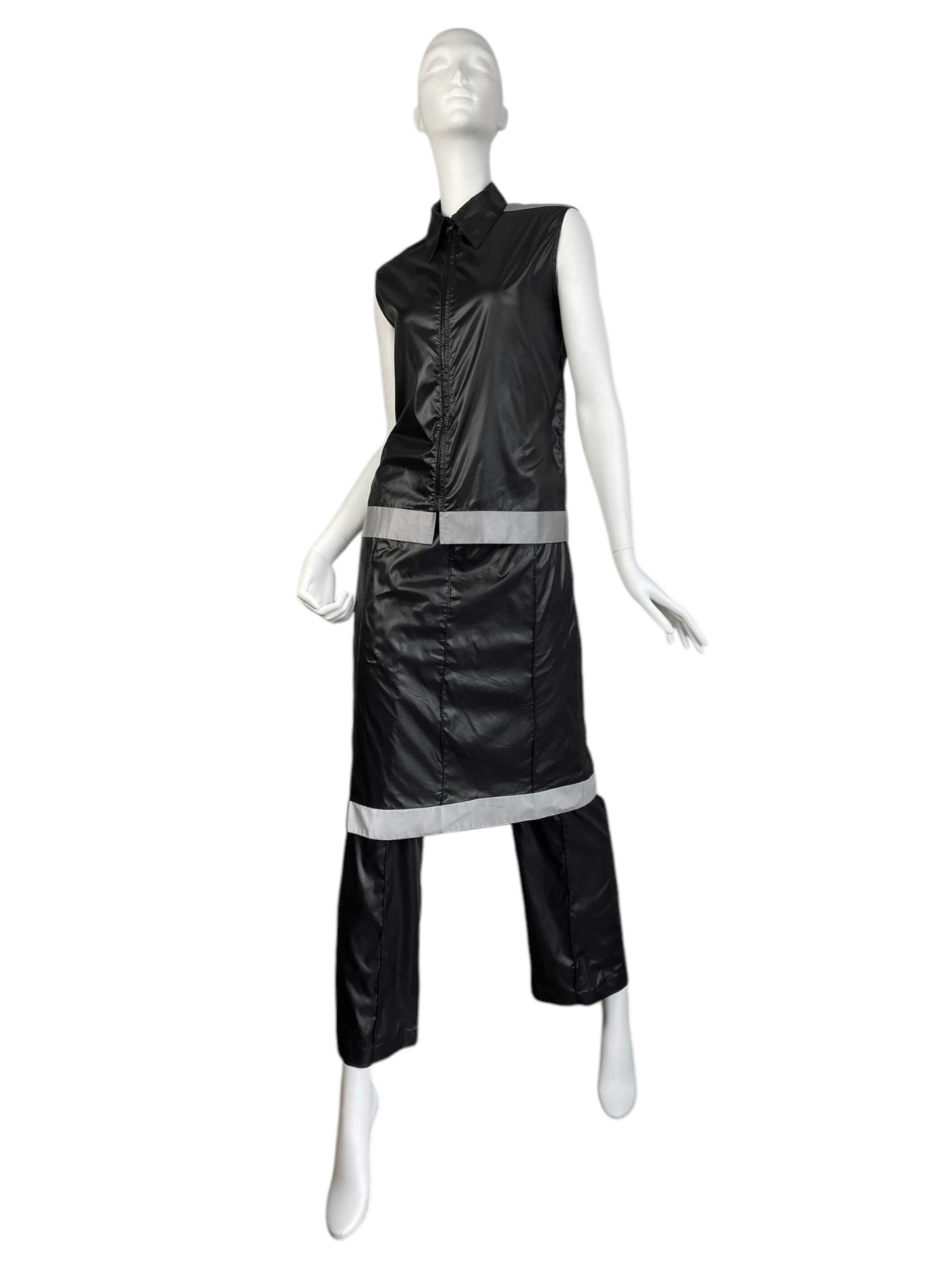 CHANEL SS1999 BY KARL LAGERFELD BLACK NYLON REFLECTIVE HEM 3P. SET (TOP + PANTS + SKIRT)