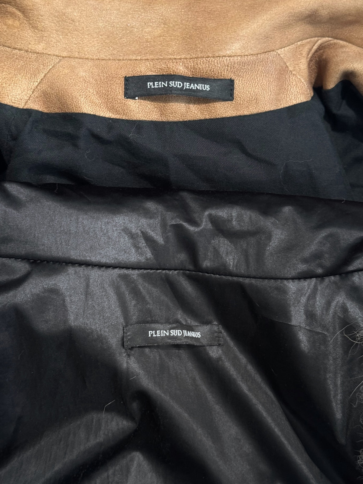 PLEIN SUD JEANIUS FW2011 BROWN LEATHER & FUR 2P. COAT