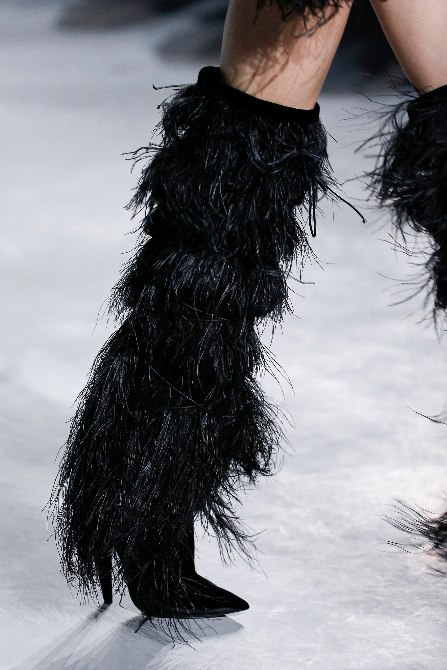SAINT LAURENT SS2018 BY ANTHONY VACCARELLO BLACK VELVET & OSTRICH FEATHERS BOOTS