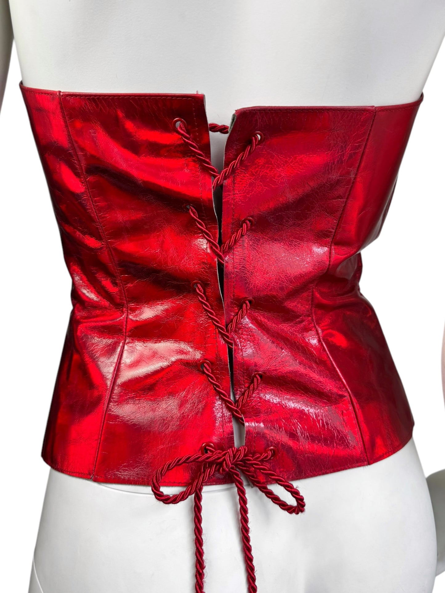 PLEIN SUD 1990s METALLIC RED LEATHER CORSET BUSTIER TOP