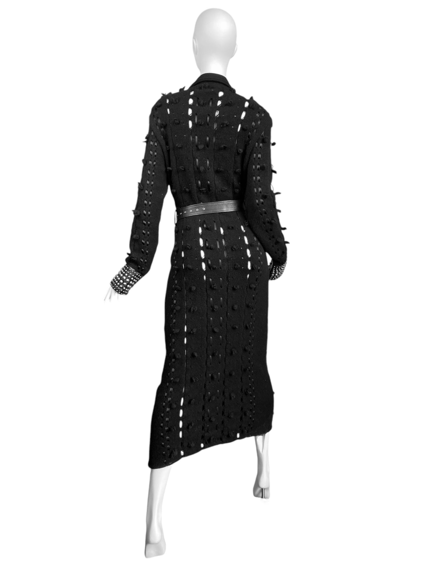 DIOR FW2004 BY GALLIANO BLACK WOOL LACED STUDDED MAXI COAT