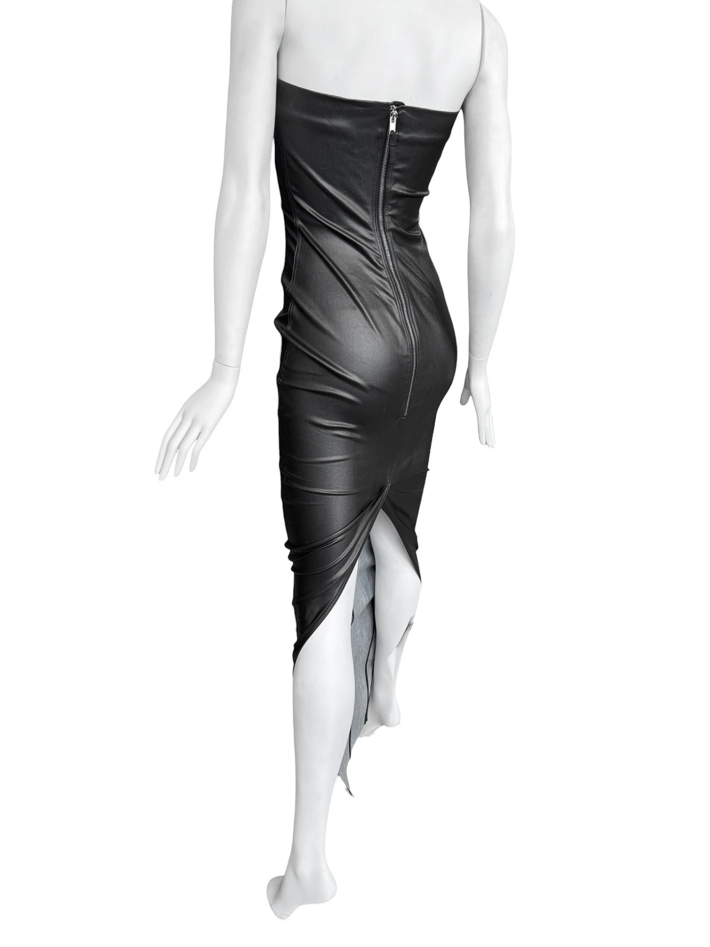 RICK OWENS SS2024 «LIDO» BLACK COATED DENIM BUSTIER MAXI DRESS